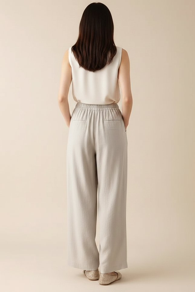 Pantalon Chinois Lin Coton Ample Fluide Décontracté - Beige - vue 2