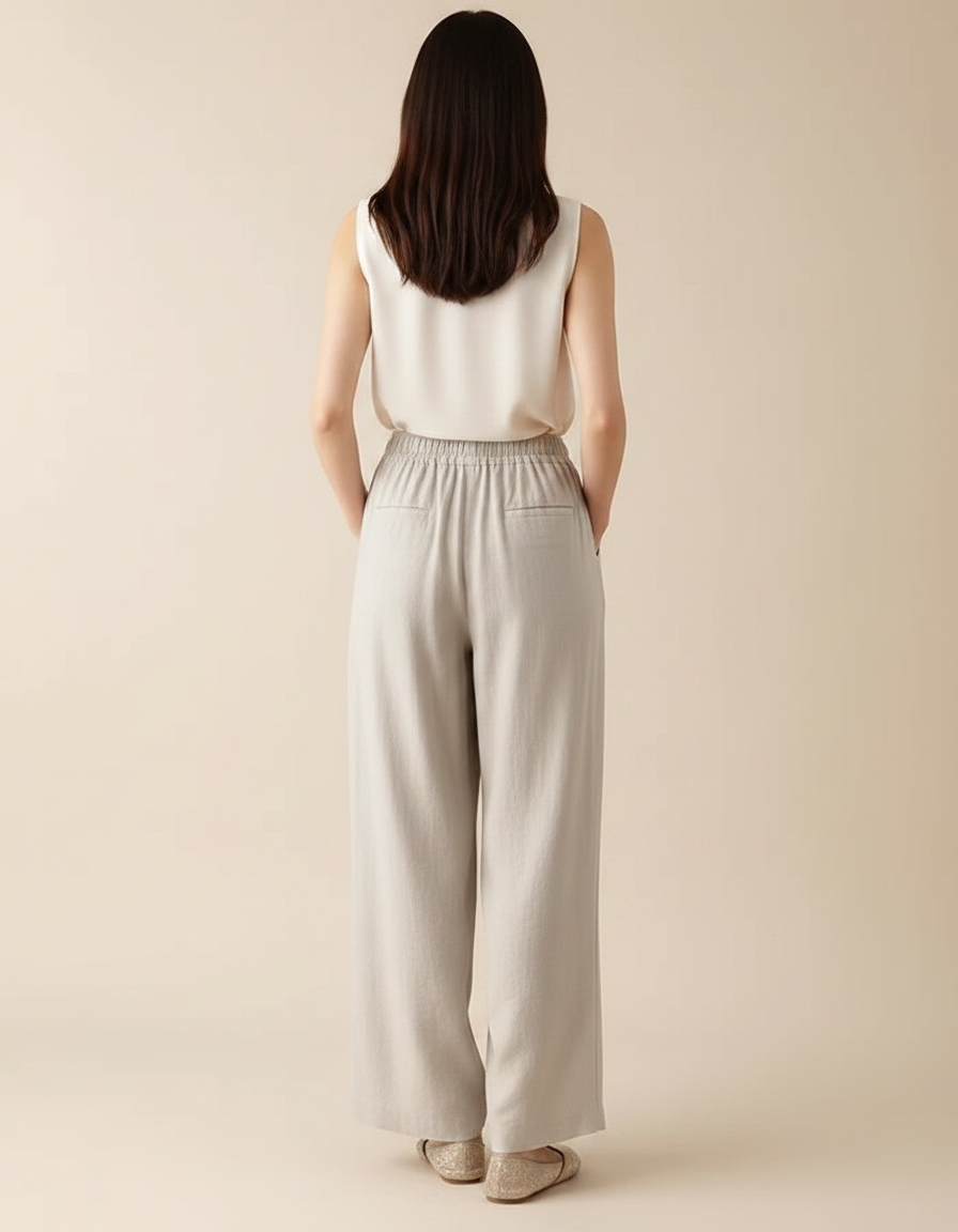 Pantalon Chinois Lin Coton Ample Fluide Décontracté - Beige - vue 2