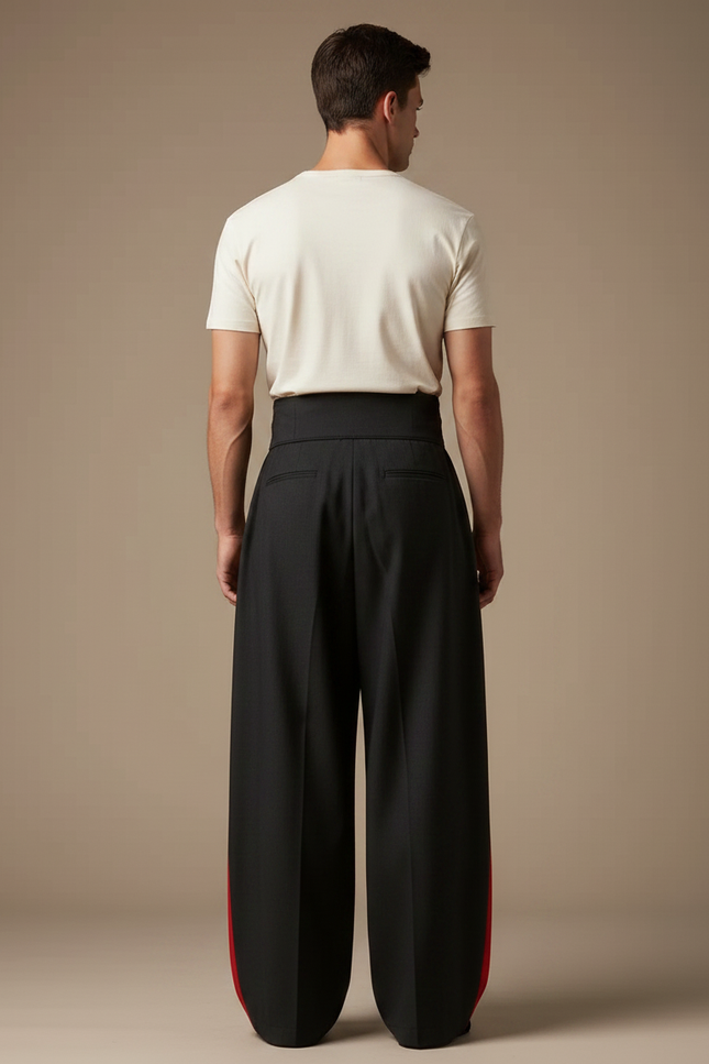 Pantalon Chinois Noir Rouge Ample Brodé Dragon - Gabardine - vue 2