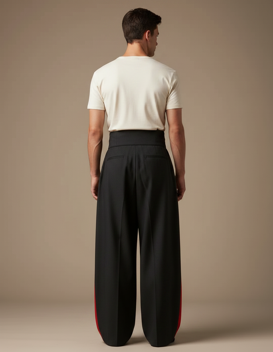Pantalon Chinois Noir Rouge Ample Brodé Dragon - Gabardine - vue 2