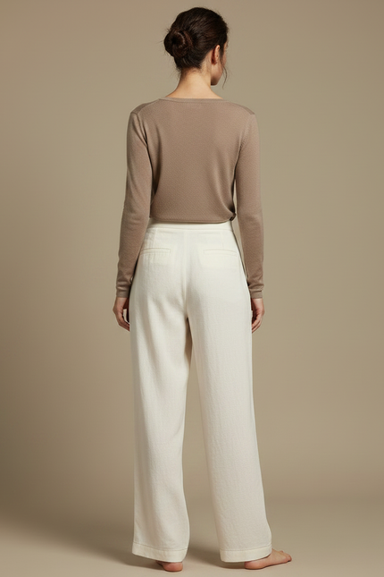 Pantalon Chinois Crème Lin Ample Plissé Décontracté - Beige - vue 2