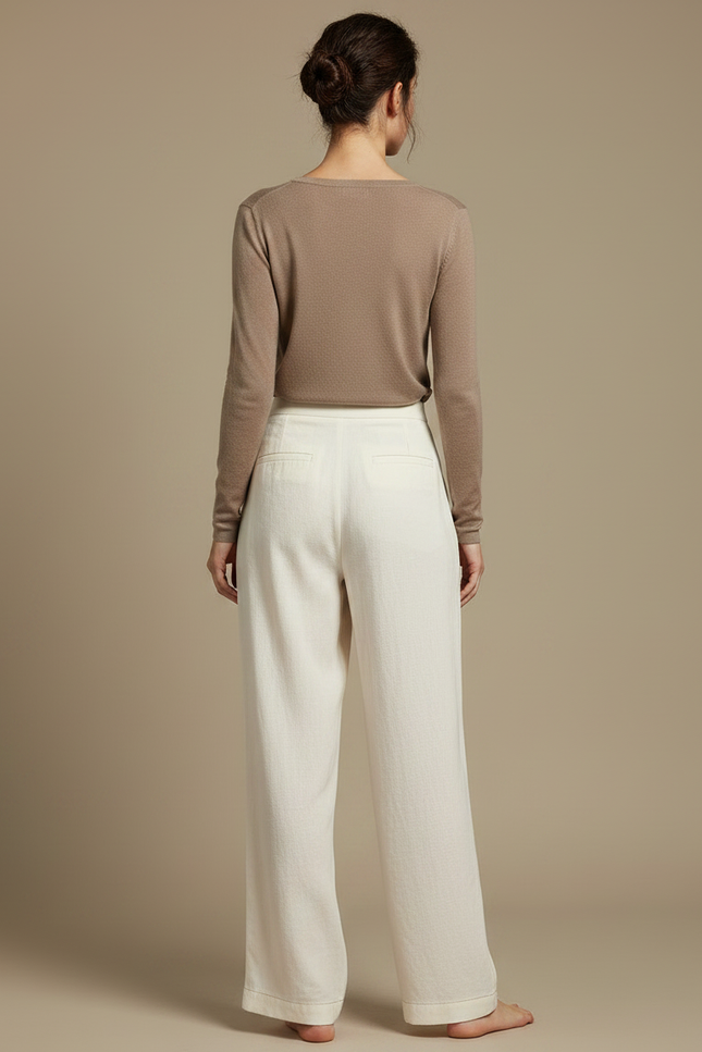 Pantalon Chinois Crème Lin Ample Plissé Décontracté - Beige - vue 2