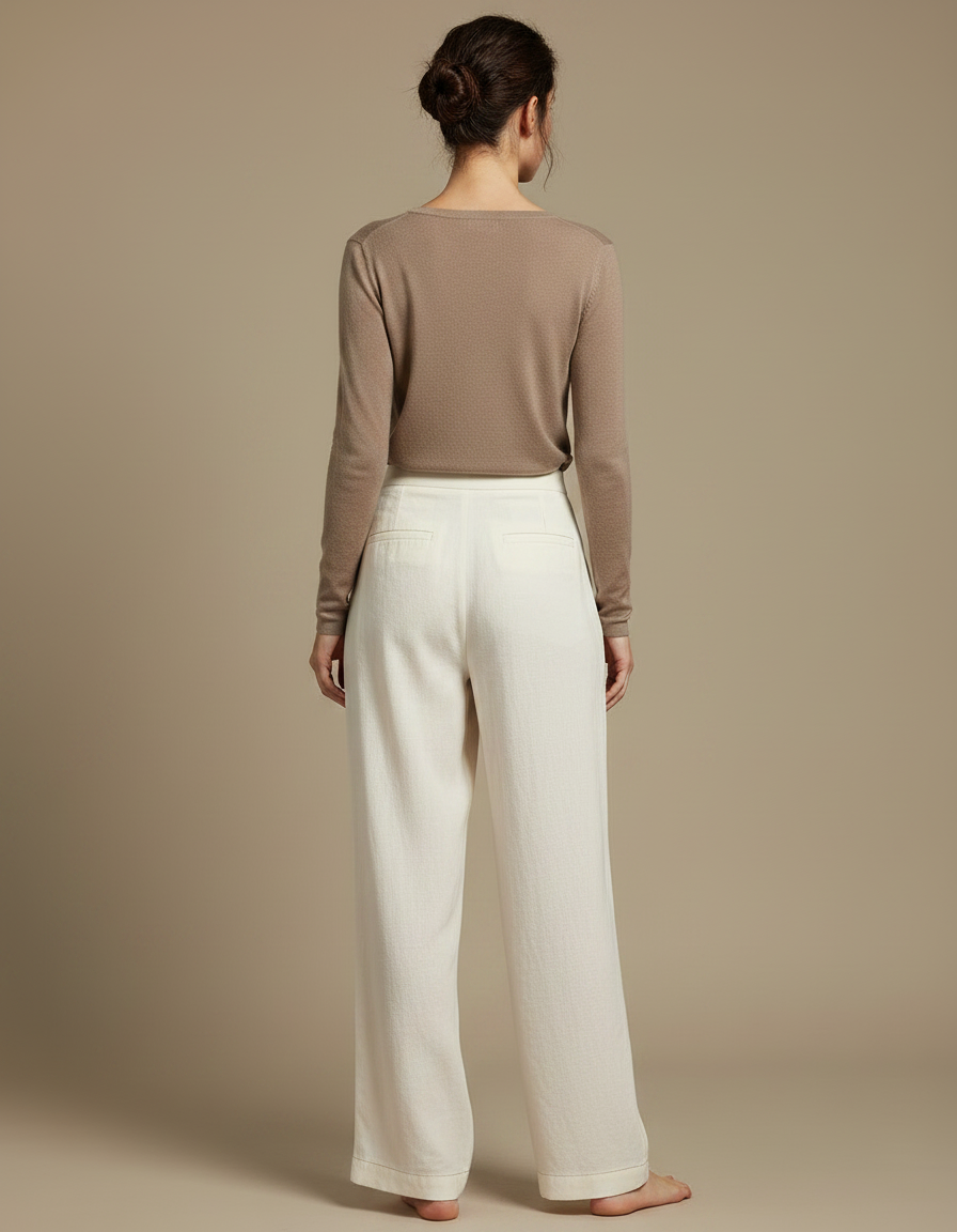 Pantalon Chinois Crème Lin Ample Plissé Décontracté - Beige - vue 2