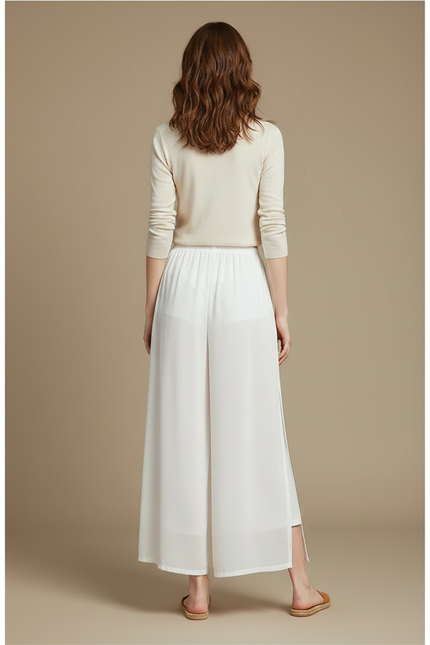 Pantalon Chinois Blanc Fluide Ample Fendu Élégant - Polyester - vue 2