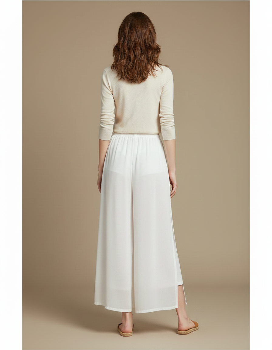 Pantalon Chinois Blanc Fluide Ample Fendu Élégant - Polyester - vue 2