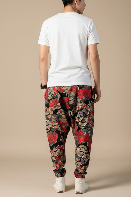 Pantalon Chinois Harem Imprimé Éventails Coton Lin Homme - vue 2