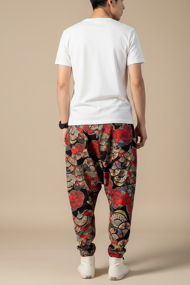 Pantalon Chinois Harem Imprimé Éventails Coton Lin Homme - vue 2