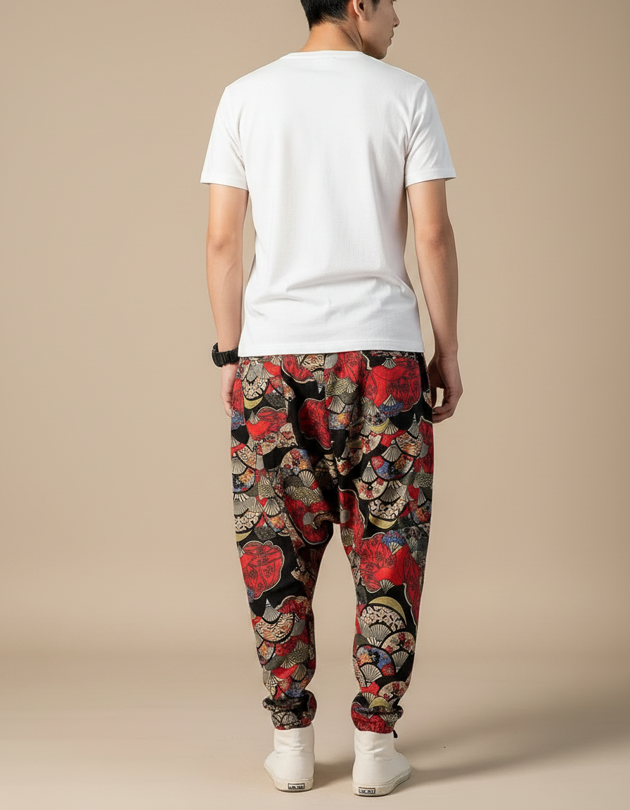 Pantalon Chinois Harem Imprimé Éventails Coton Lin Homme - vue 2