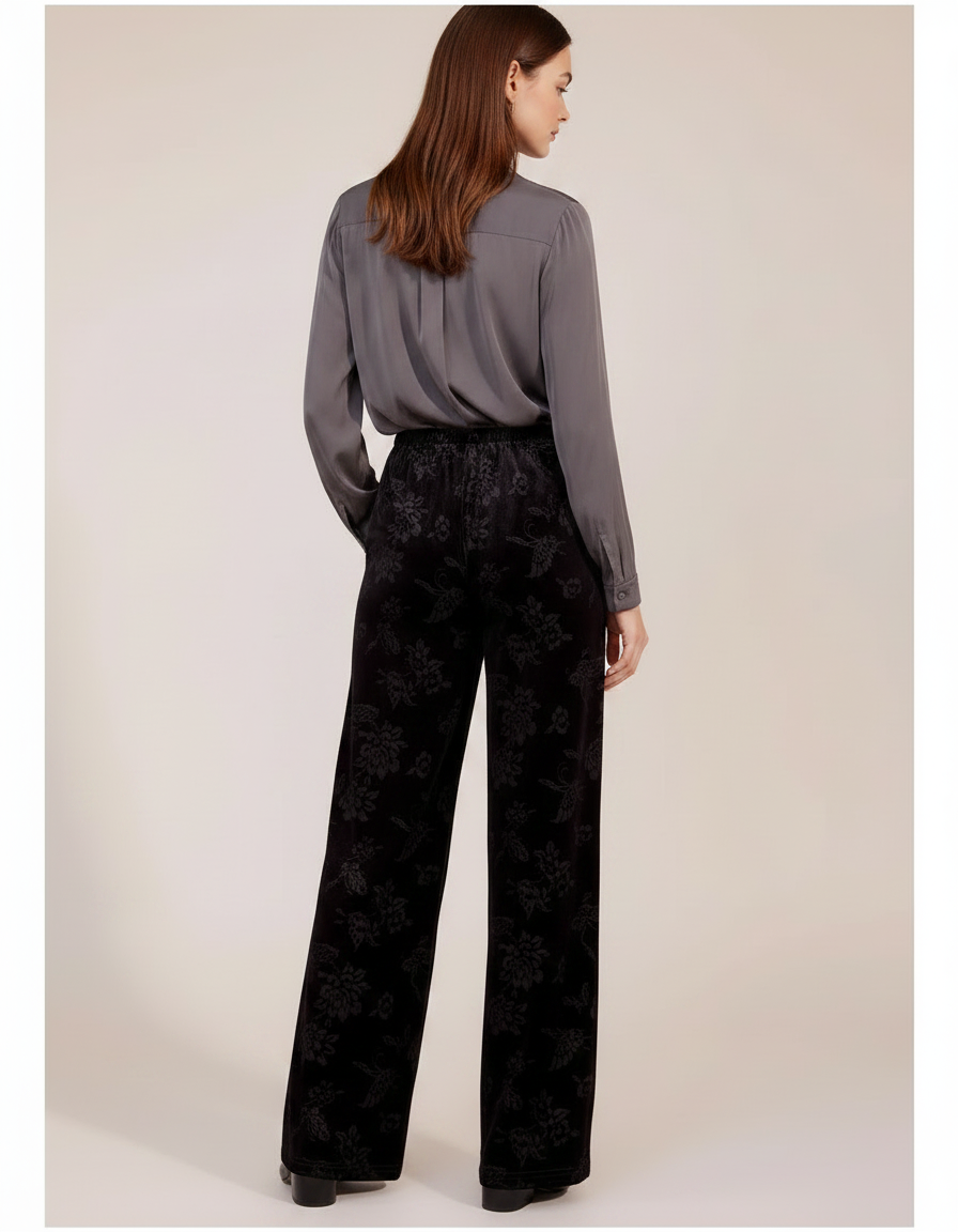 Pantalon Chinois Noir Velours Jacquard Ample Élégant - vue 2