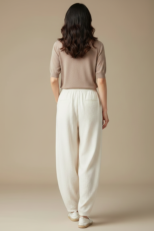 Pantalon Chinois Lin Ample Écru Confortable Décontracté - Beige - vue 2