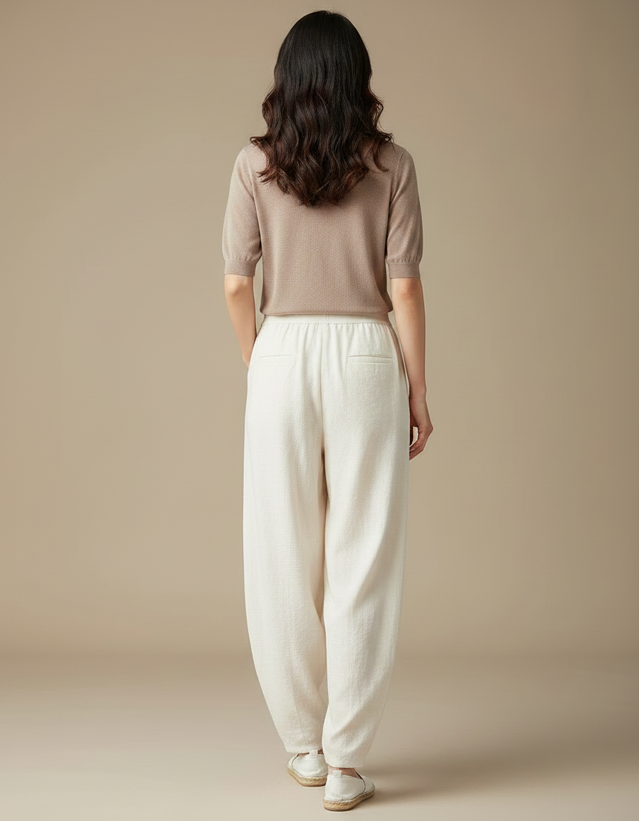 Pantalon Chinois Lin Ample Écru Confortable Décontracté - Beige - vue 2