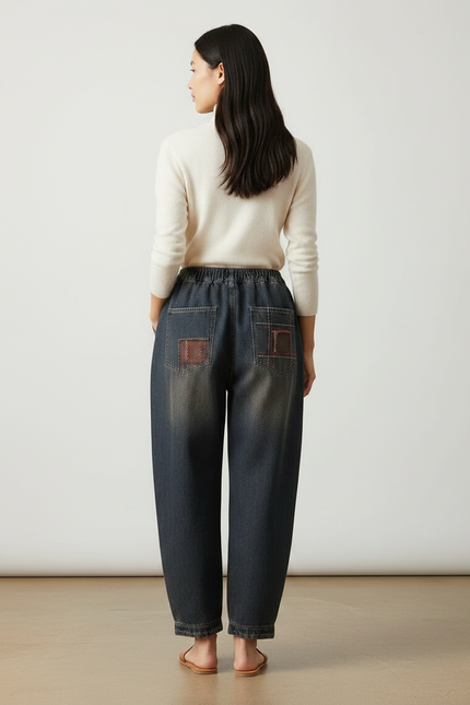 Pantalon Chinois Denim Ample Patchwork Brodé Vintage - Marine Jean - vue 2