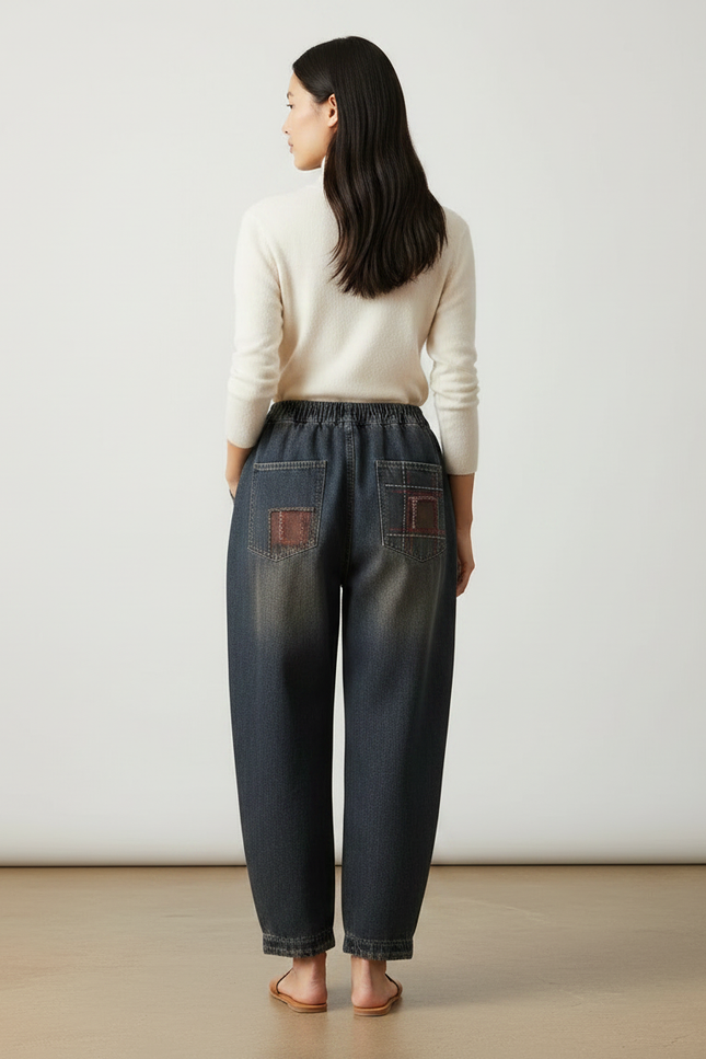 Pantalon Chinois Denim Ample Patchwork Brodé Vintage - Marine Jean - vue 2