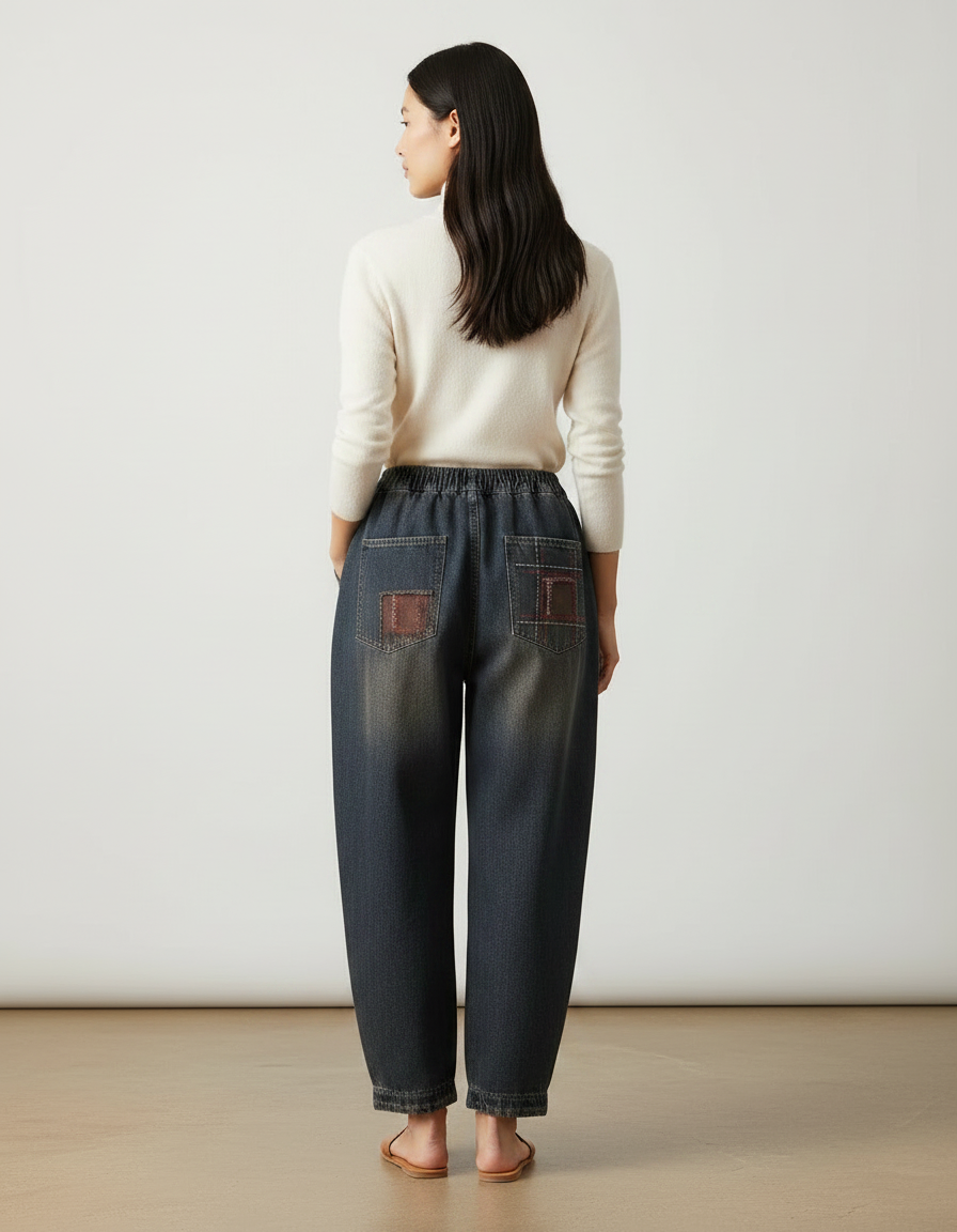 Pantalon Chinois Denim Ample Patchwork Brodé Vintage - Marine Jean - vue 2