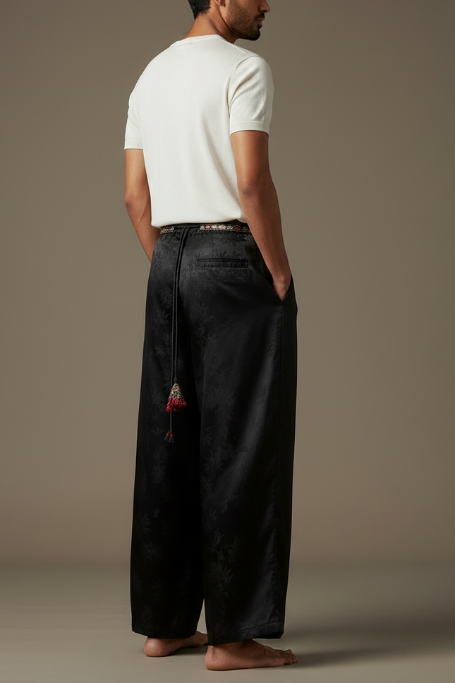 Pantalon Chinois Noir Jacquard Ample Fluide Ethnique - Satin - vue 2
