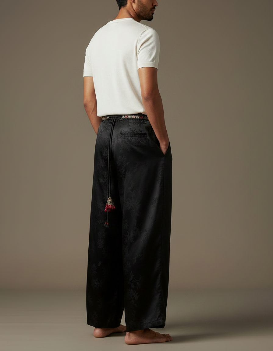 Pantalon Chinois Noir Jacquard Ample Fluide Ethnique - Satin - vue 2