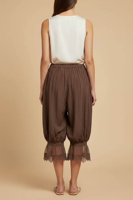 Pantalon Chinois Marron Ample Fluide Dentelle Jambes Ballons - Lin - vue 2