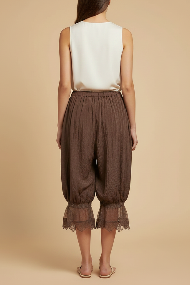 Pantalon Chinois Marron Ample Fluide Dentelle Jambes Ballons - Lin - vue 2