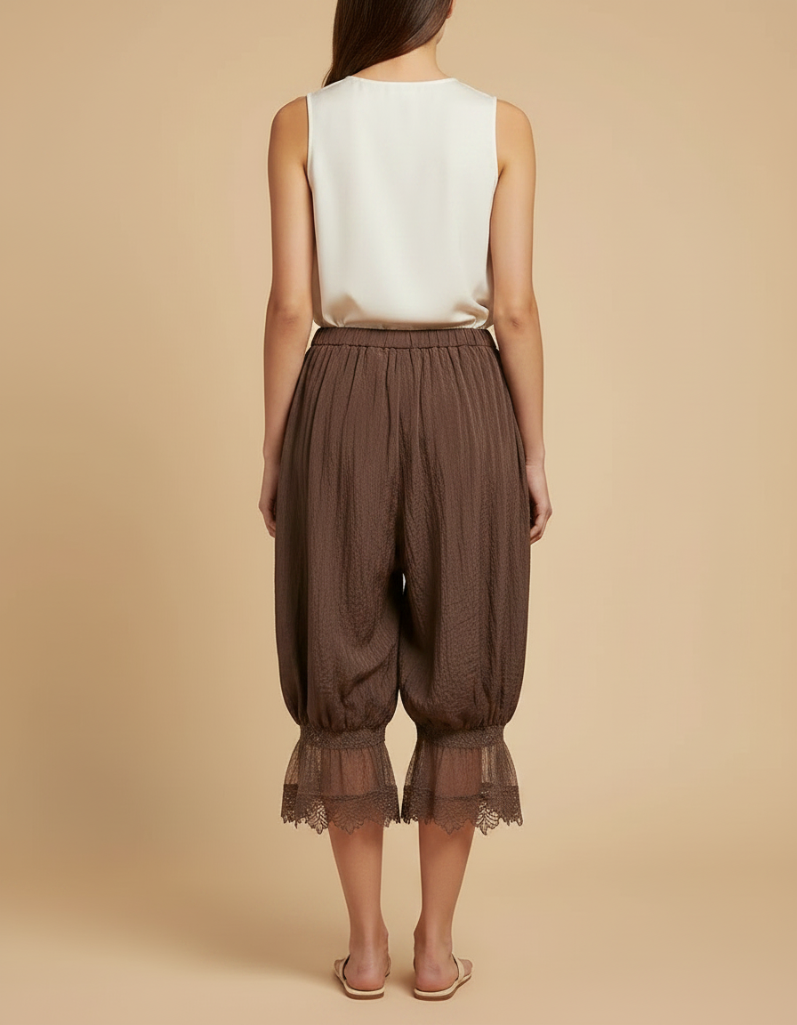 Pantalon Chinois Marron Ample Fluide Dentelle Jambes Ballons - Lin - vue 2