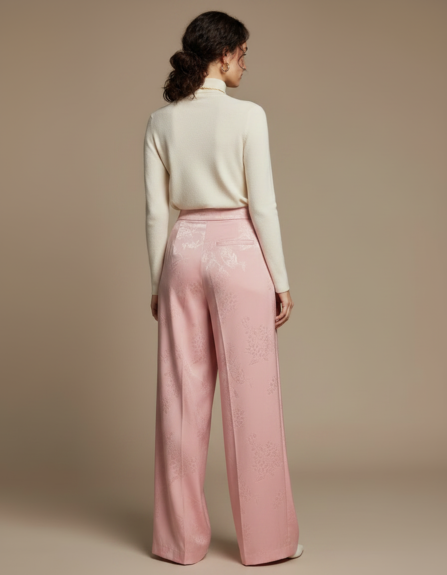 Pantalon Chinois Rose Jacquard Satin Ample Élégant Femme - vue 2