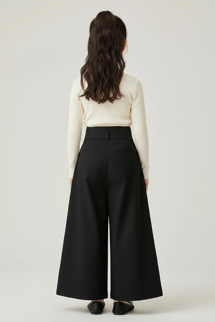 Pantalon Chinois Noir Ample Plissé Fille Traditionnel - Gabardine - vue 2