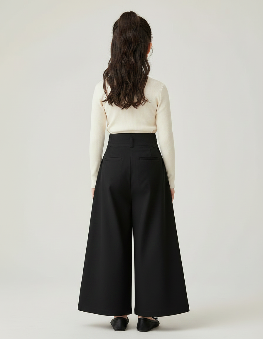 Pantalon Chinois Noir Ample Plissé Fille Traditionnel - Gabardine - vue 2