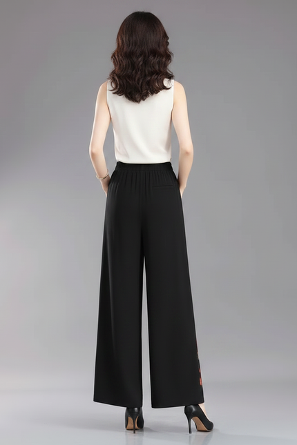 Pantalon Chinois Noir Brodé Ample Fluide Élégant - Polyester - vue 2