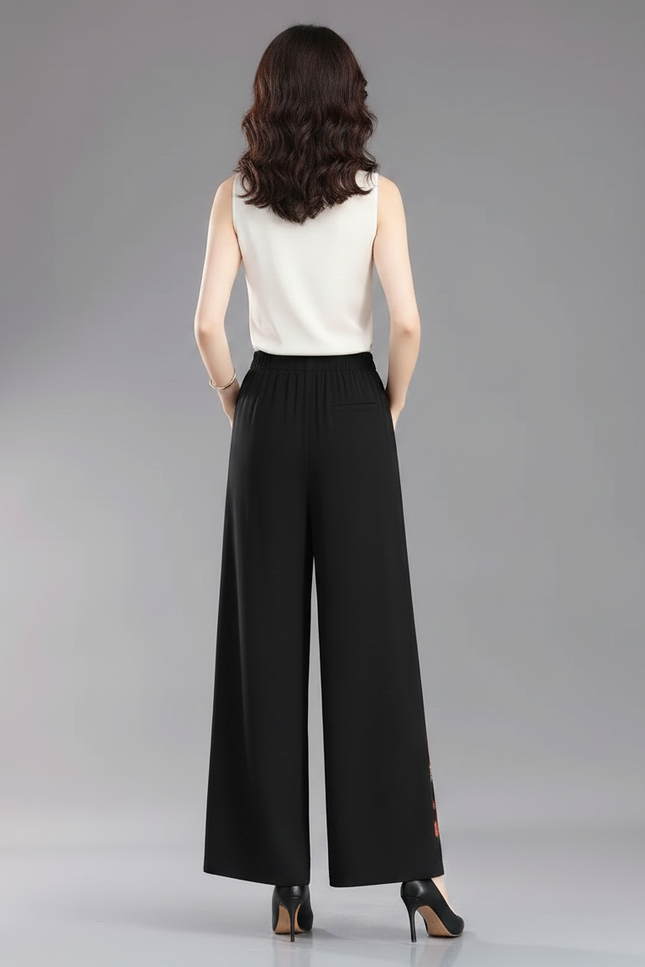 Pantalon Chinois Noir Brodé Ample Fluide Élégant - Polyester - vue 2