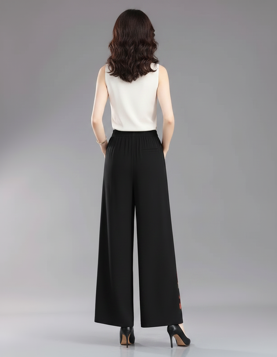 Pantalon Chinois Noir Brodé Ample Fluide Élégant - Polyester - vue 2