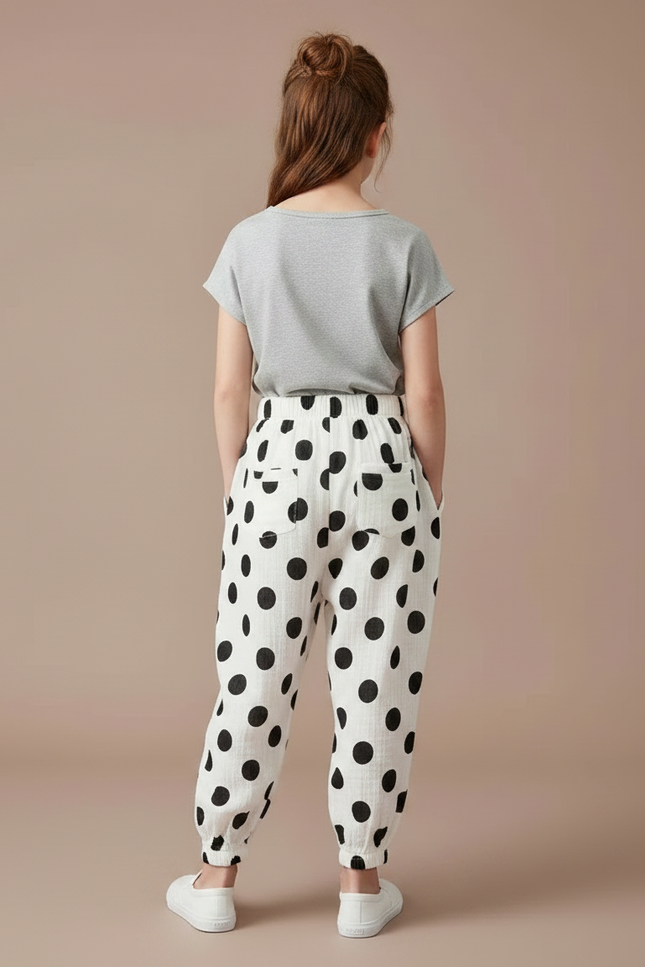 Pantalon Chinois Blanc Ample Polka Dots Enfant Décontracté - Imprimé Coton - vue 2