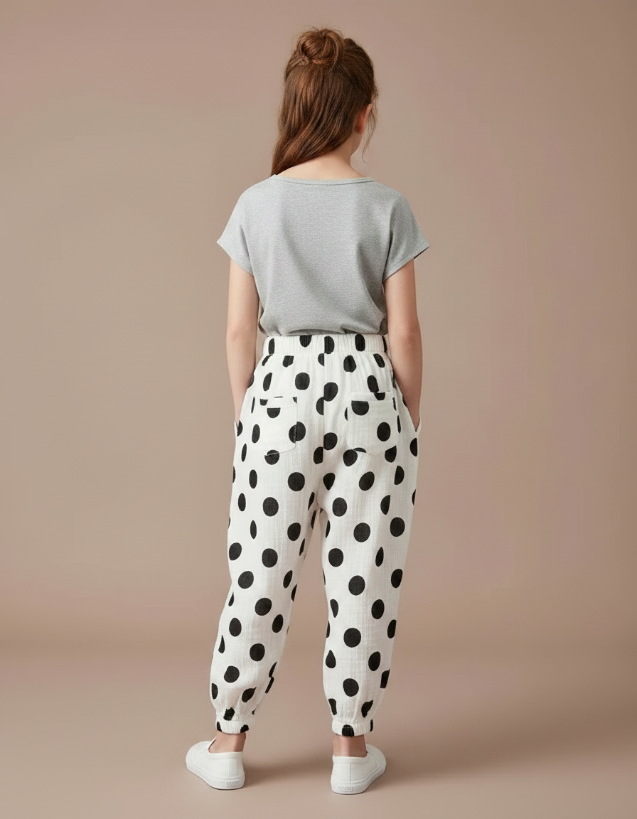 Pantalon Chinois Blanc Ample Polka Dots Enfant Décontracté - Imprimé Coton - vue 2