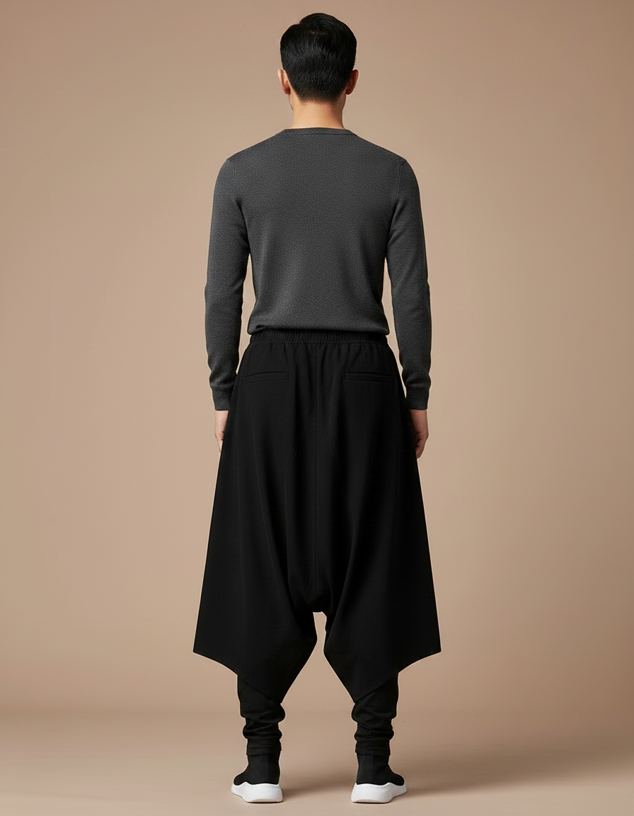Pantalon Chinois Harem Noir Ample Coton Décontracté - vue 2