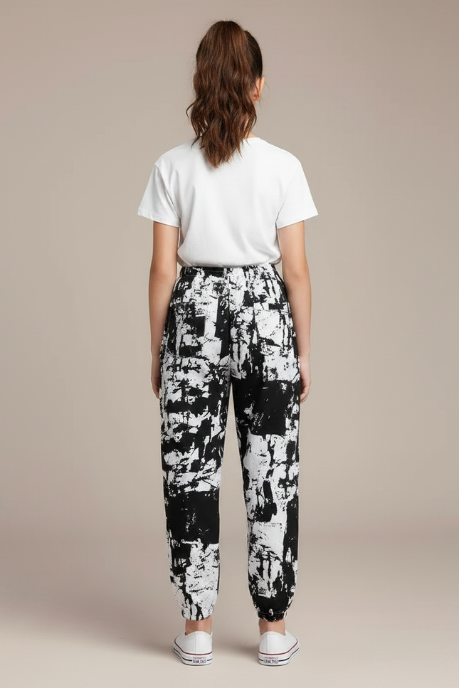 Pantalon Chinois Noir Blanc Ample Imprimé Décontracté - Viscose - vue 2