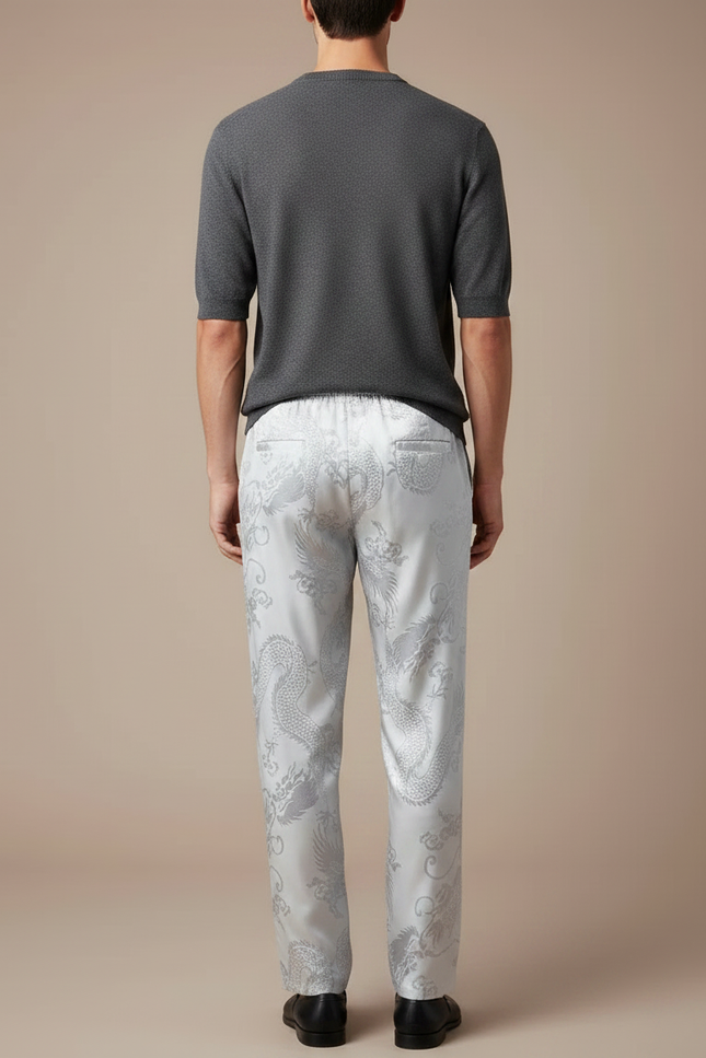 Pantalon Chinois Satin Blanc Dragon Ample Homme - vue 2