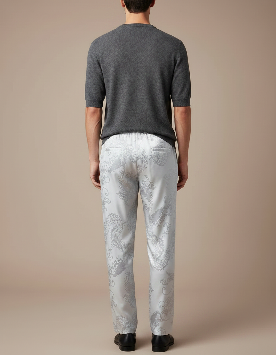 Pantalon Chinois Satin Blanc Dragon Ample Homme - vue 2