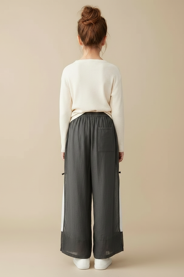 Pantalon Chinois Lin Ample Gris Élégant Fille - vue 2