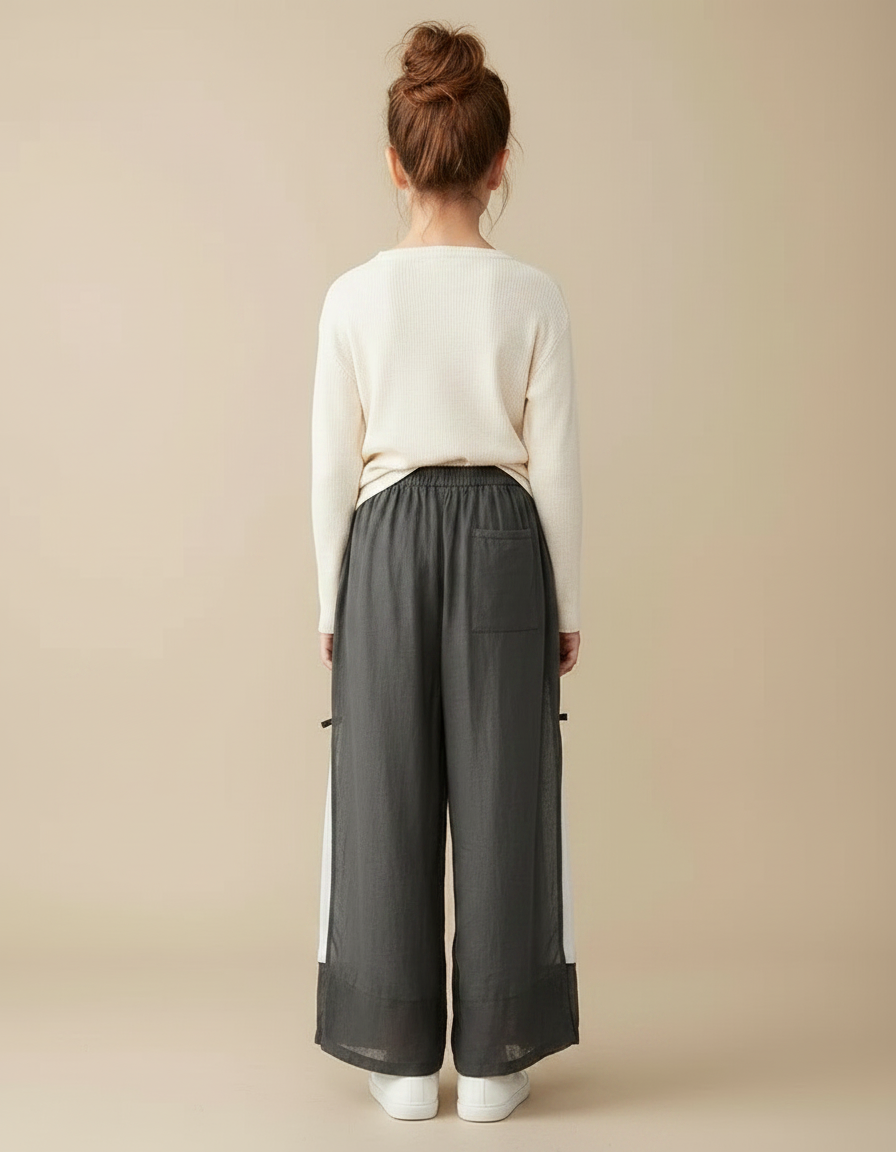 Pantalon Chinois Lin Ample Gris Élégant Fille - vue 2