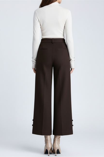 Pantalon Chinois Marron Ample Taille Haute Brodé - Gabardine - vue 2