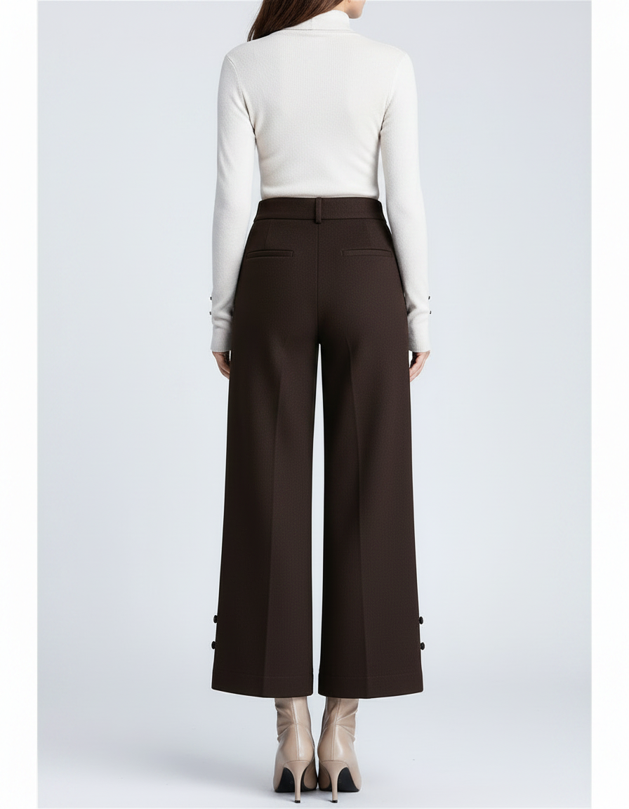 Pantalon Chinois Marron Ample Taille Haute Brodé - Gabardine - vue 2