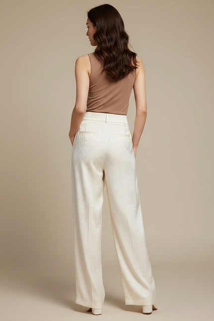Pantalon Chinois Satin Jacquard Écru Ample Élégant Femme - Beige - vue 2