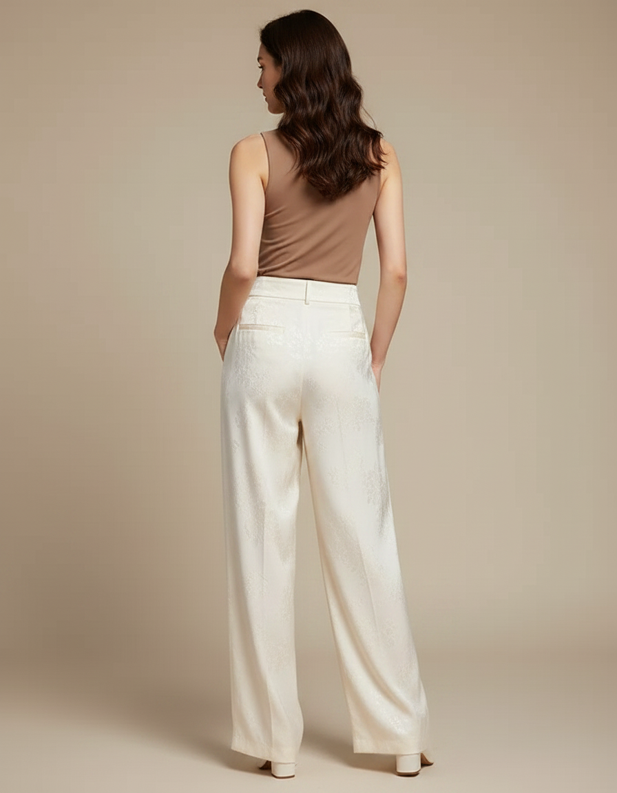Pantalon Chinois Satin Jacquard Écru Ample Élégant Femme - Beige - vue 2