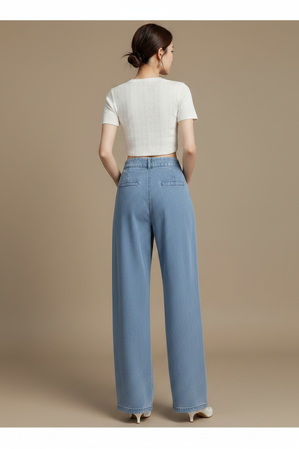 Pantalon Chinois Denim Plissé Ample Taille Haute Femme - Bleu Jean - vue 2