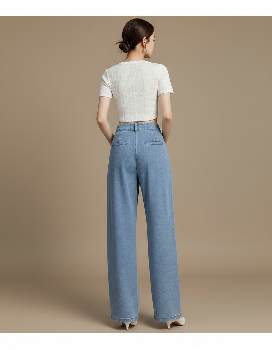 Pantalon Chinois Denim Plissé Ample Taille Haute Femme - Bleu Jean - vue 2