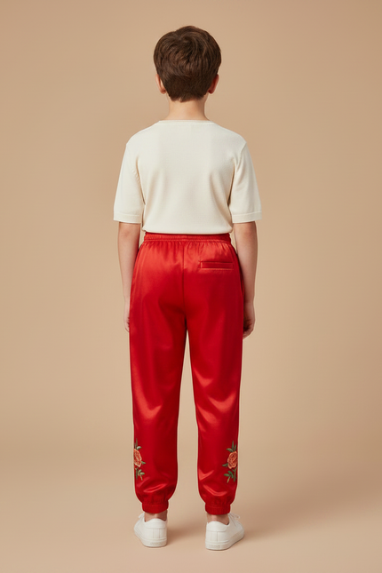 Pantalon Chinois Rouge Satiné Brodé Fleurs Enfant - vue 2