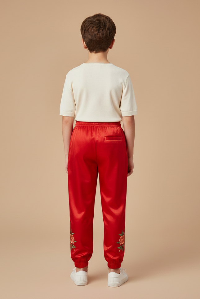 Pantalon Chinois Rouge Satiné Brodé Fleurs Enfant - vue 2