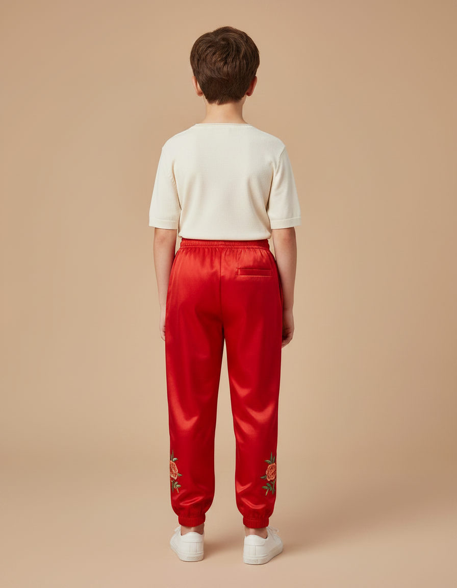 Pantalon Chinois Rouge Satiné Brodé Fleurs Enfant - vue 2