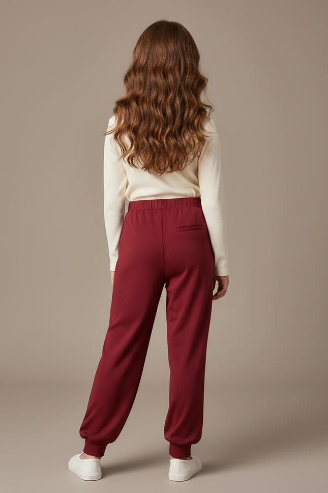 Pantalon Chinois Rouge Ample Côtelé Enfant Décontracté - Bordeaux Maille - vue 2