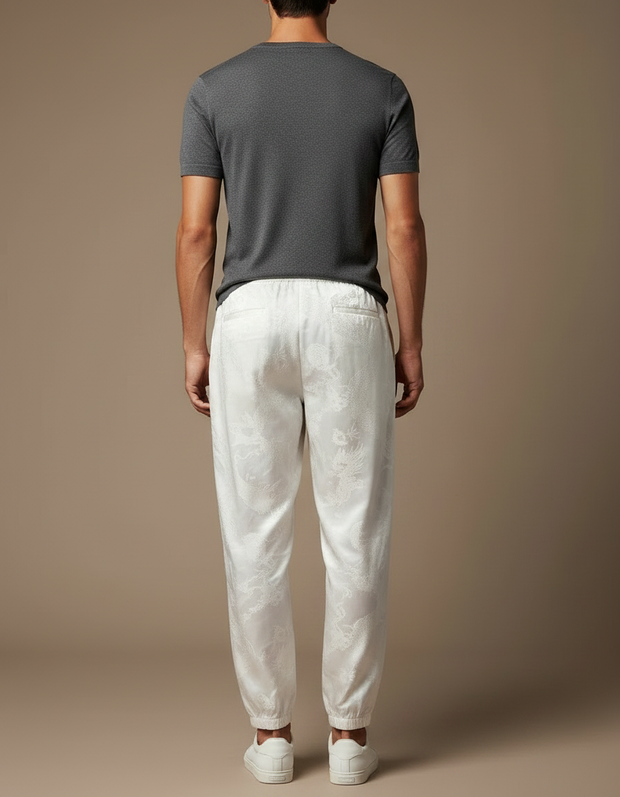Pantalon Chinois Blanc Satin Dragon Ample Homme - vue 2