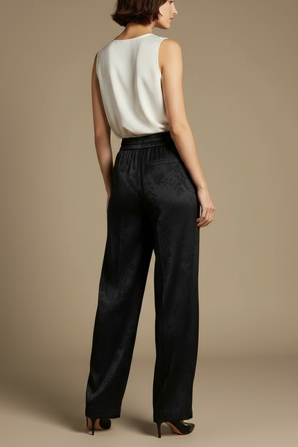 Pantalon Chinois Noir Jacquard Fluide Ample Élégant - Satin - vue 2