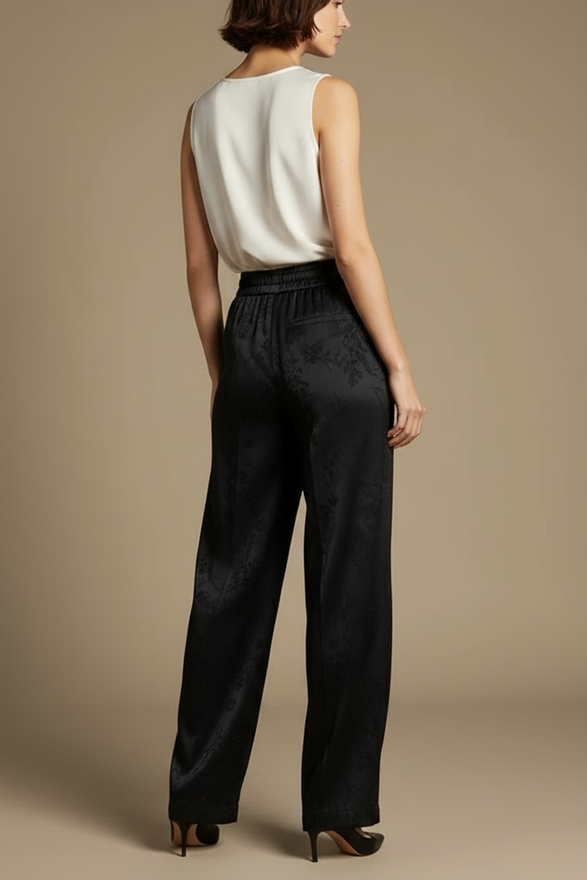 Pantalon Chinois Noir Jacquard Fluide Ample Élégant - Satin - vue 2